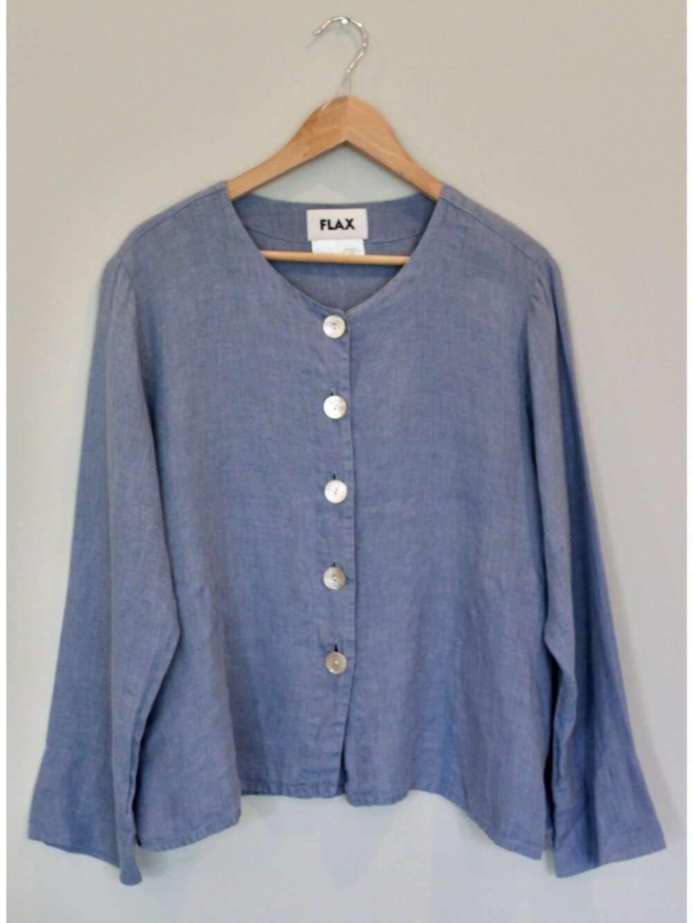 FLAX 100% Linen Blue Button Down Long Sleeve Top, Size M Medium
